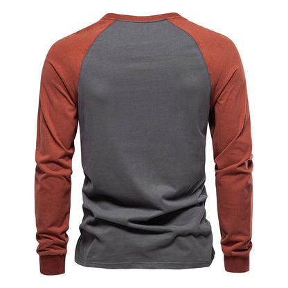 Men's Cotton T-Shirts - Long Sleeve Patchwork O-Neck Casual Designer Tees