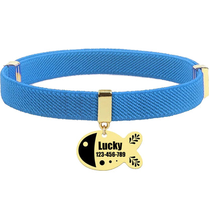 Free Customized Cat Collar Cute Fish Metal Necklace Pet ID Name Tag Personalized GPS Tracker Kitten Dog Breakaway Elastic Collar