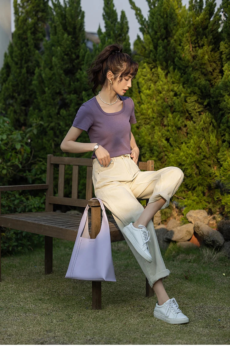 Women's Square-Neck T-Shirt – Elegant Cotton Short-Sleeve Top