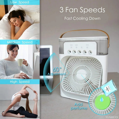 Portable 3-in-one Fan Air Conditioner with LED Light Humidifier and Timing Function Desktop Spray Fan for Home Office