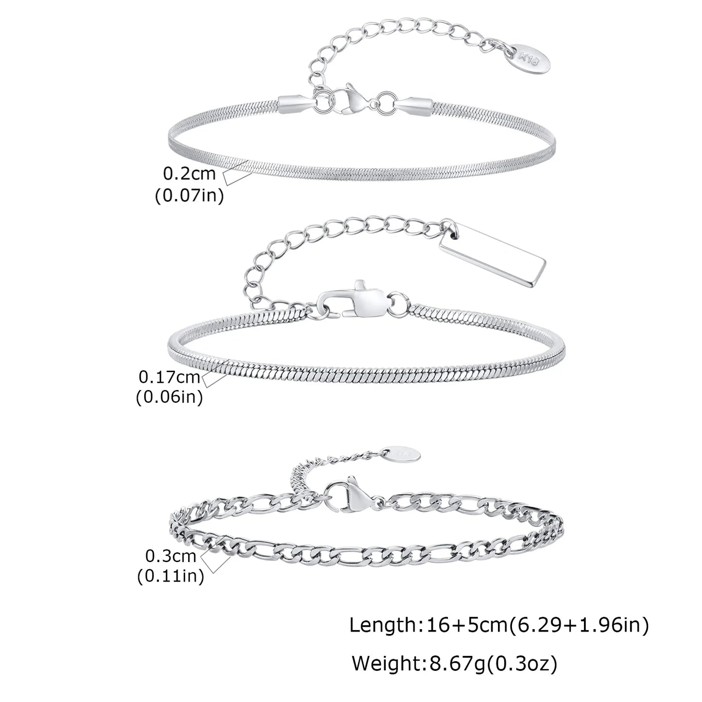 3pcs Men Thin Chain Bracelet,Never Fade Silver Color Twist Chain Wristband,Stylish Punk Jewelry Gift for Husband Father Son