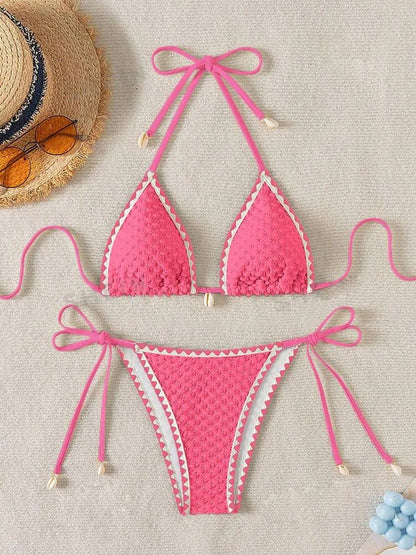 Halter Bikini Set - Wrinkled Weave Polyester Swimwear With Push Up Support