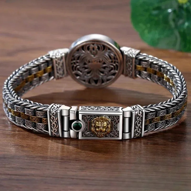 New Silver Color Round Lion King Tangcao Charm Bracelet Men's Trendy Retro Domineering Versatile Personalized Braided Jewelry