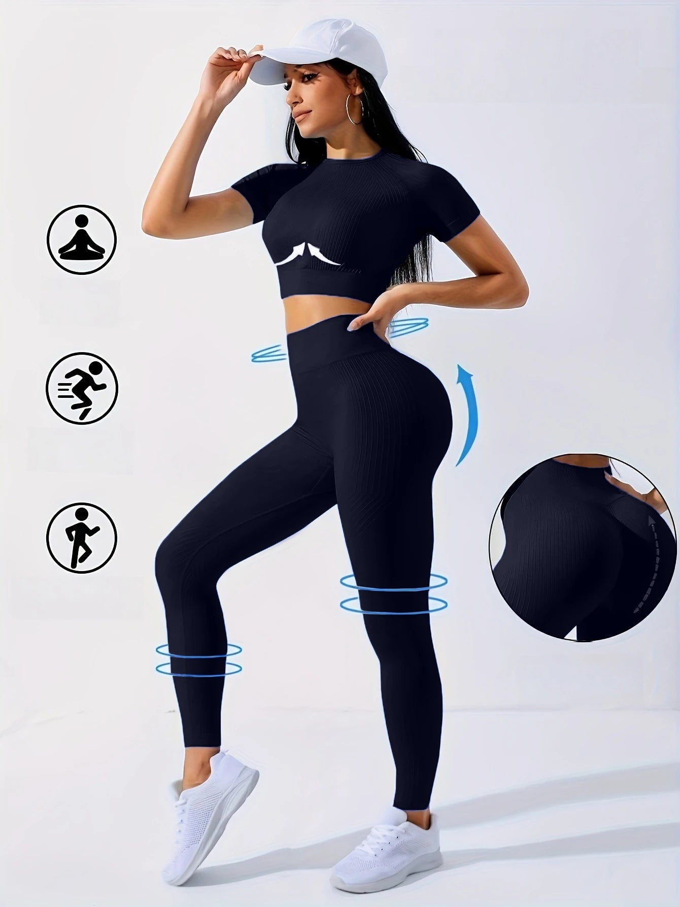 Workout Sets Outfits for Women – Yoga Leggings with Short Sleeve Crop Top, Slim Fit Tummy Control Butt Lifting Waist Shaping, Seamless Ribbed Texture, Breathable Soft Fabric, Non-Pilling, Perfect for Fall Winter Gym Yoga Ru