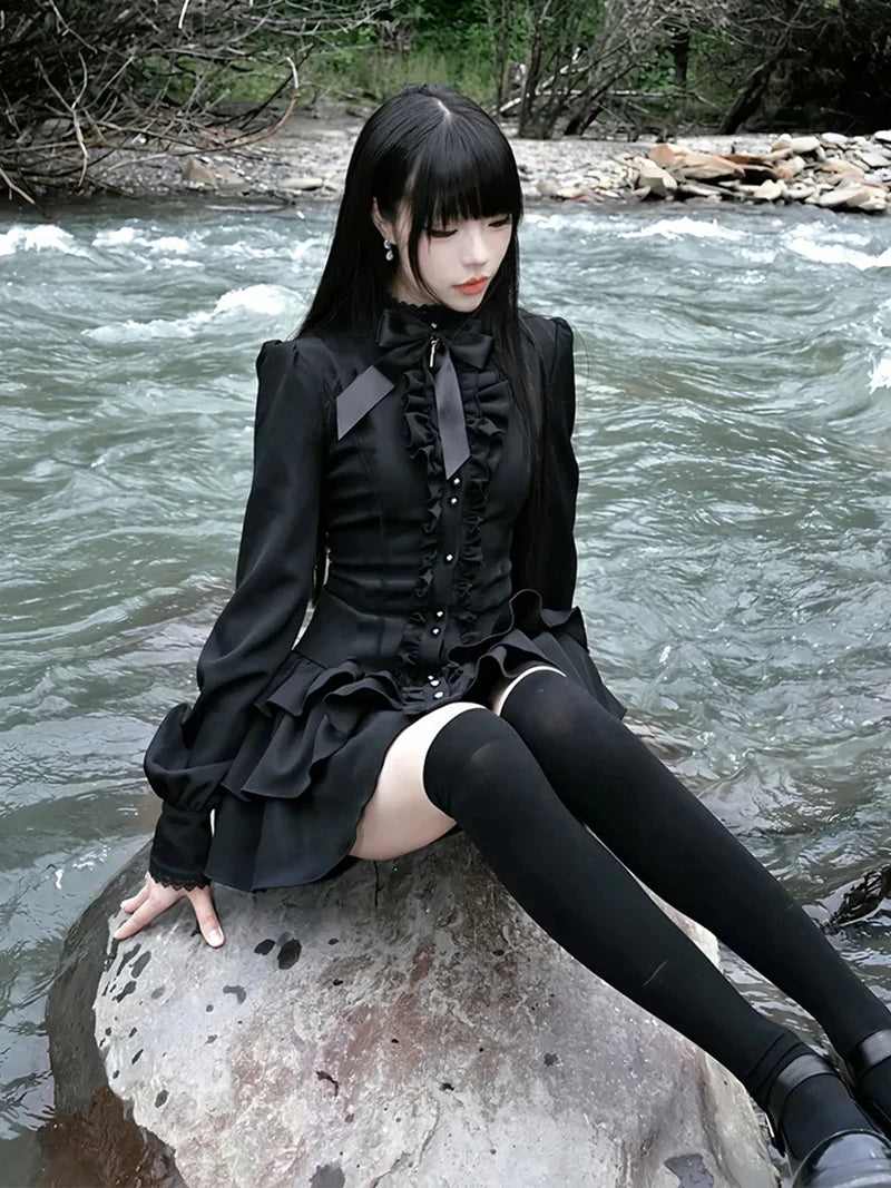 Y2K Lolita Dress - Gothic Mini Patchwork Lace Vintage Black Ruffle Slim Fit