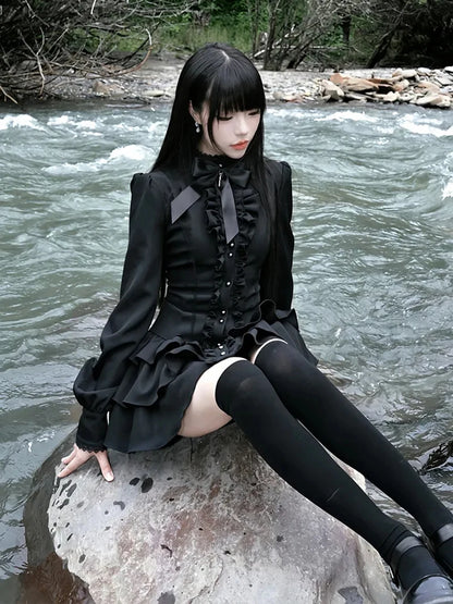 Y2K Lolita Dress - Gothic Mini Patchwork Lace Vintage Black Ruffle Slim Fit