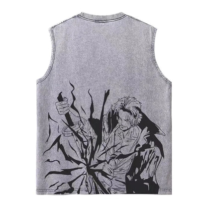 Harajuku Retro Sleeveless T-Shirts Streetwear Vintage Washed Anime One Piece Graphic Print Men Vest Tops Tees Retro Oversize