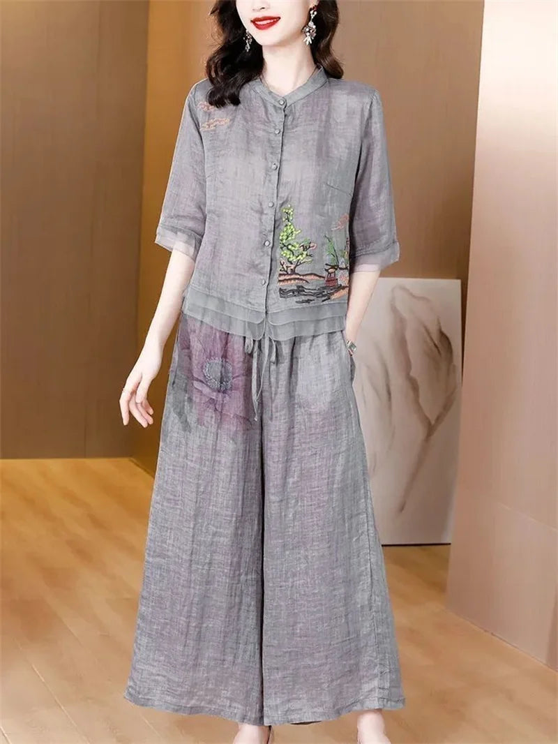 Spring Summer Women Leisure Large Size 5XL 2PCS Middle Aged Mother Mother Cotton Linen Suit 2025 Female Embroidery Two-piece Set