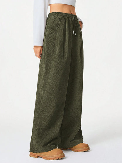 Women's Retro Corduroy Cargo Pants Casual Drawstring Straight Sports Pants Drape Daily Commuting Wide Leg Pants