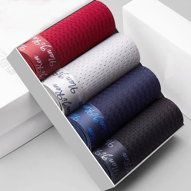 4pcs Men's Boxer Shorts Ice Silk Underwear Plus Size Underpants Cool Breathable Sexy Slim Panties Mesh Lingerie Wholesale Lots