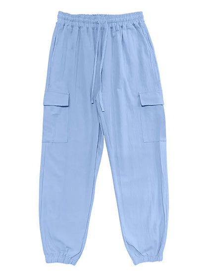 Men's Cotton Linen blend Cargo Jogger Pants Elastic Waist Drawstring Multi Pockets Casual Breathable Streetwear Trousers for Men