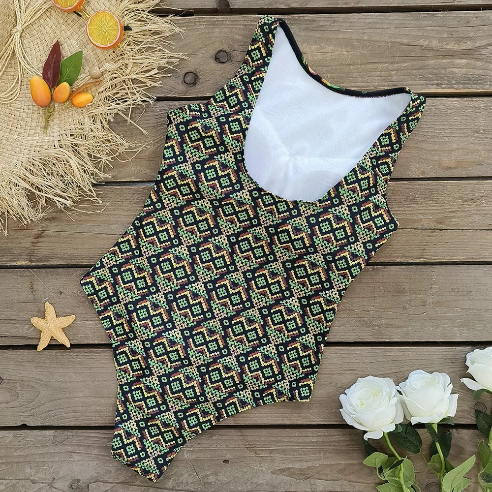 2026 New Printed One-piece Swimsuit Classic Printed Lace Up Swimsuit Women's Push Up Flower One-piece Suit Beach Wear For Female