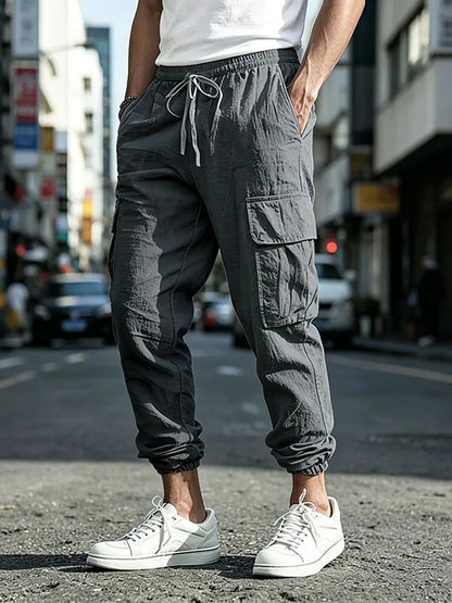 Men's Cotton Linen blend Cargo Jogger Pants Elastic Waist Drawstring Multi Pockets Casual Breathable Streetwear Trousers for Men
