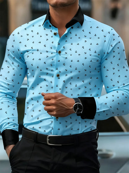 New Men's Fashion Anchor Print Contrast Color Lapel Long Sleeve Shirt Business Casual Slim Fit Non-iron Versatile Shirt XS-6XL