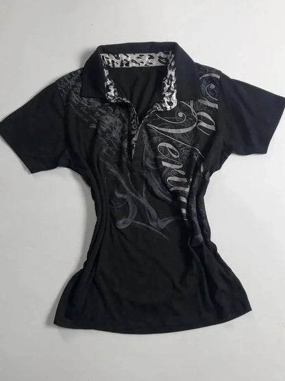 Vintage Y2k T-shirt Polo Letter Print 90s Slim Goth Punk Aesthetic Harajuku Summer Woman Clothes Streetwear Crop Top Grunge Tees