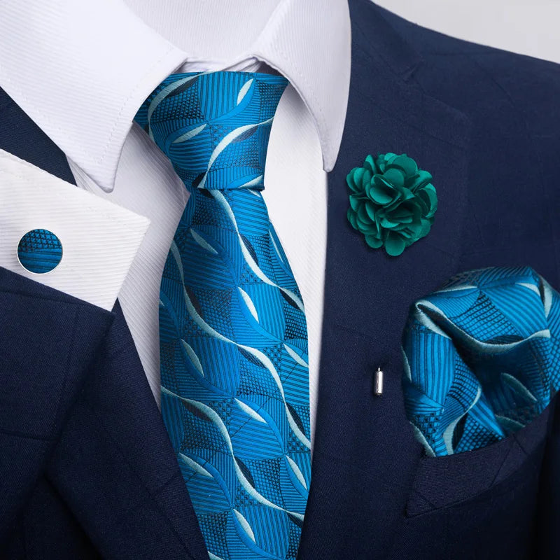 Luxury Mens Floral Black Gold Tie Set - Paisley Necktie Pocket Square Cufflinks  Brooch for Weddings and Parties