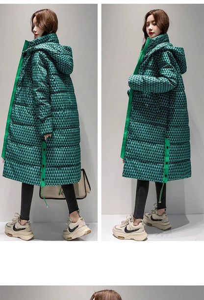 2023 Winter Warm  Plaid Long  Coat Women ' s Fashion Thicken Hooded Puffer Jacket Female Windproof Warm Outwear