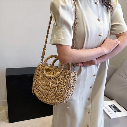 Straw Rattan Handbag – Large Capacity Half Moon Purse | Hollow Out Shoulder Bag