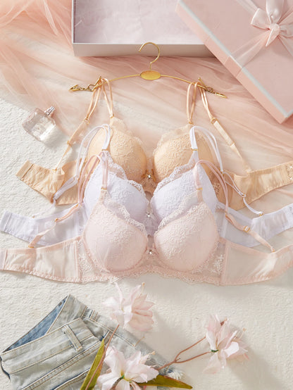 3PCS Women Floral Lace Bra Set Mesh Spliced Embroidery Push Up Bra Double Straps Underwire Support Daily Sexy Lingerie