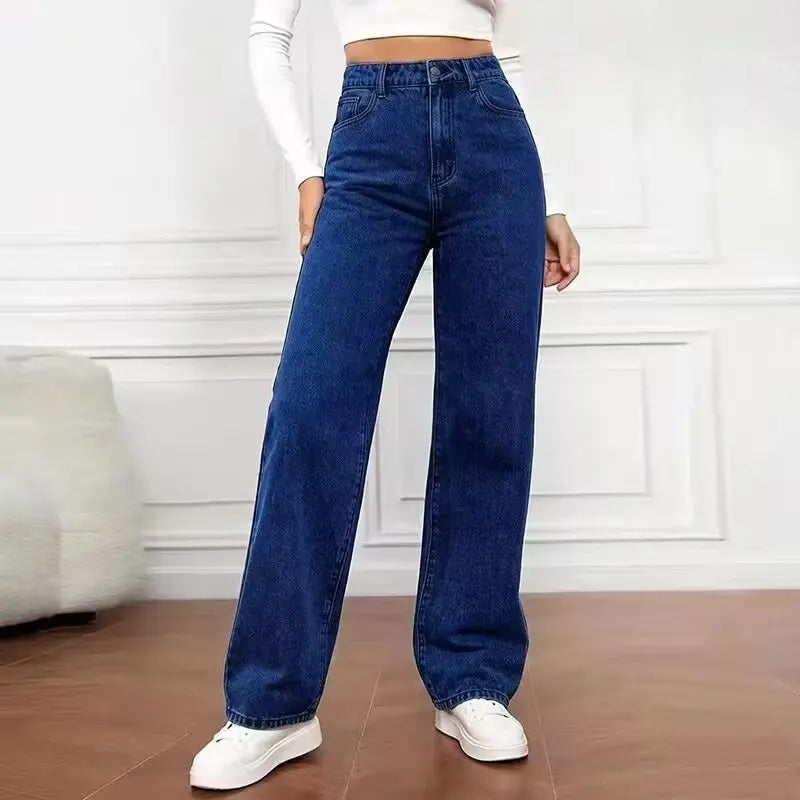 Black gray denim wide leg pants for women in autumn high waisted loose fit slimming and hanging straight leg pants