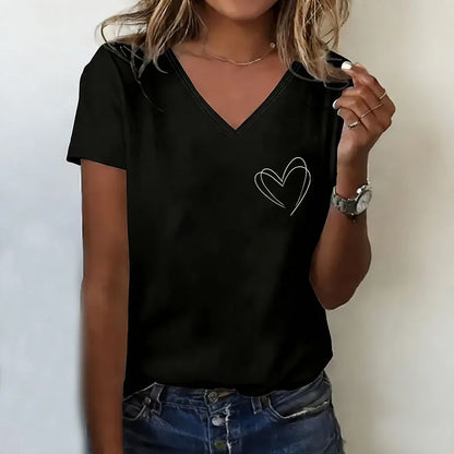 2026 T-shirt V Neck Casual Fashion Love Heart Printed T Shirts Women Short Sleeve Tee Shirt V-Neck Summer Spring