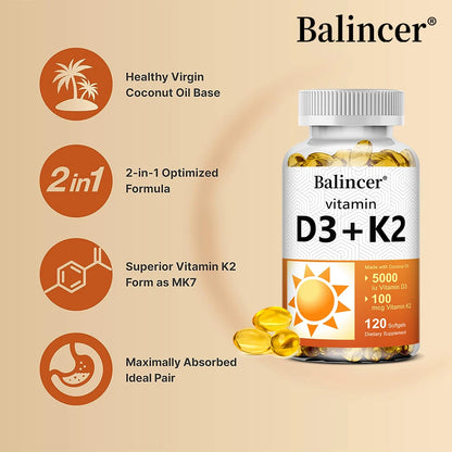 Vitamin D3 + K2 with Organic Virgin Coconut Oil, Vegan D3 (5000iu) with MK7 Vitamin K2 (100mcg), Supports Bone Health Supplement