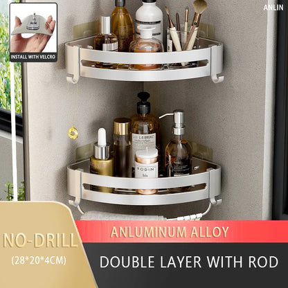 Aluminum Corner Shower Rack - Wall Mounted Bathroom Storage Organizer
