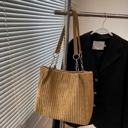 Corduroy Shoulder Handbag – Women's Soft Cotton Shopping Bag With Zipper Closure