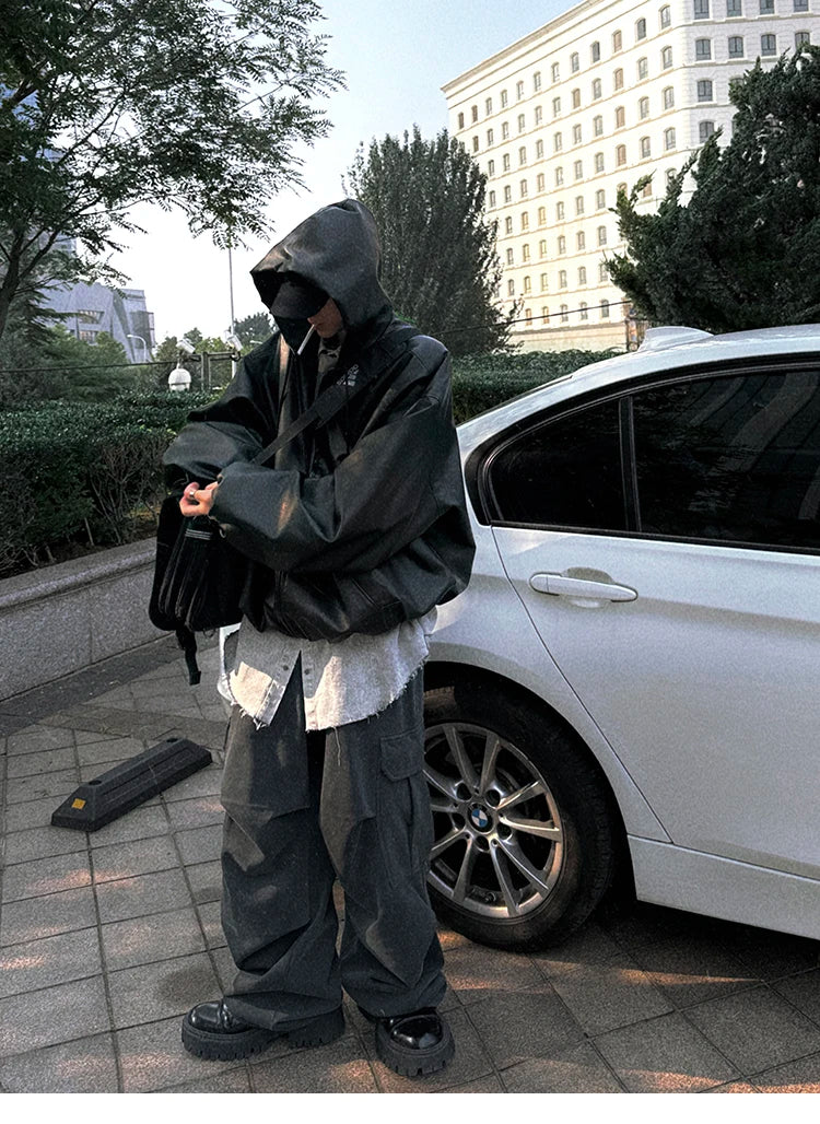 Mauroicardi Spring Autumn Short Oversized Black Soft Pu Leather Jacket Men with Hood Zipper Loose Casual Korean Fashion Clothes