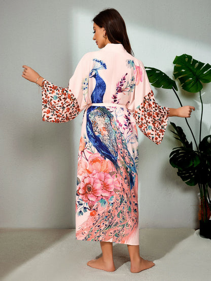 Peocock Printed Beach Cover Ups Kimono Summer Self Belted Women Wrap Dresses Bohemian Dresses Holiday Bathing Suits