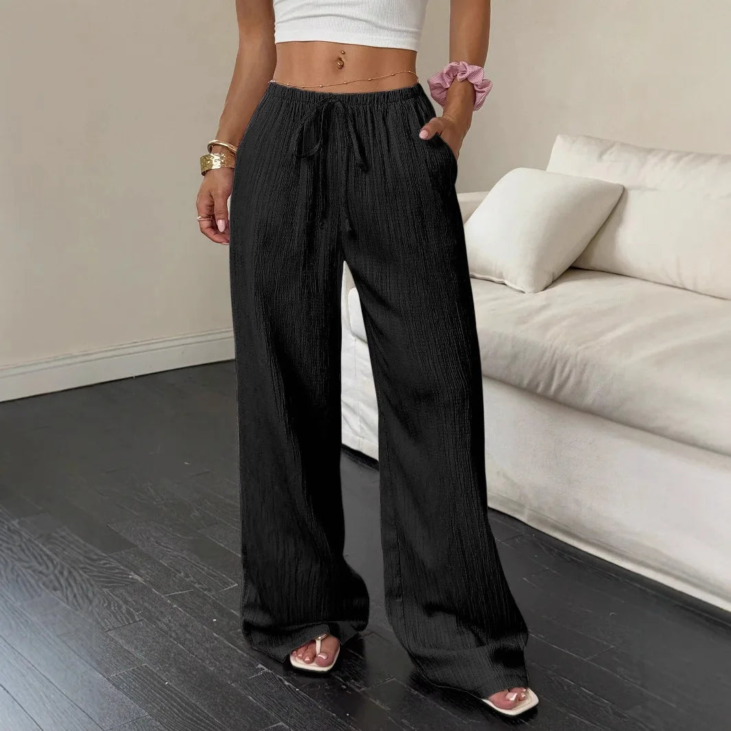 Women's Wide-Leg Cotton-Linen Blend Casual Floor-Length Pants Relaxed-Fit Drawstring Trousers for Home & Strolls