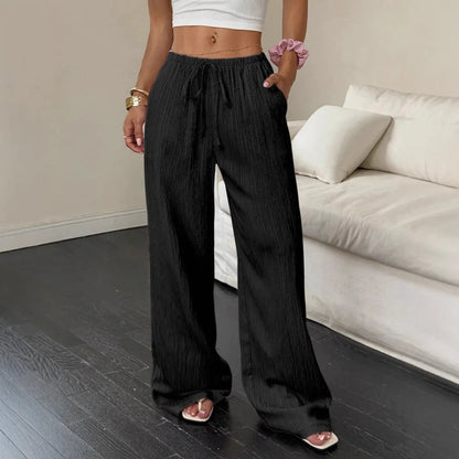 Women's Wide-Leg Cotton-Linen Blend Casual Floor-Length Pants Relaxed-Fit Drawstring Trousers for Home & Strolls