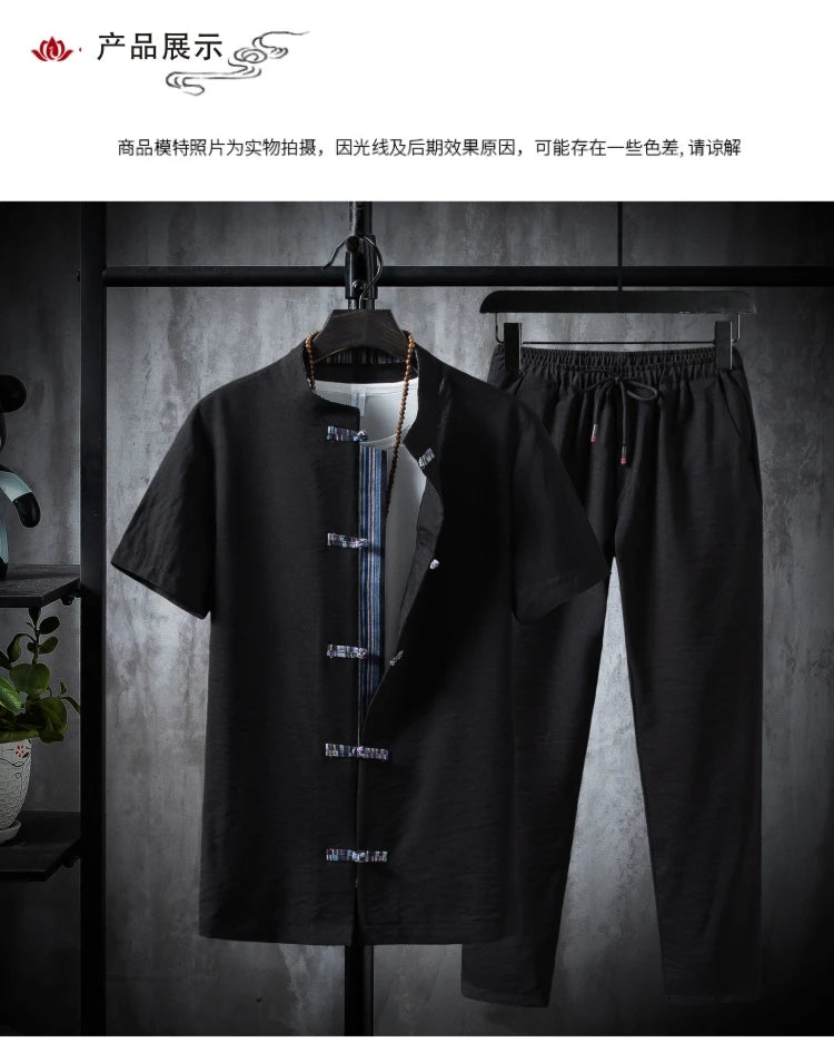 Shirts + Pants summer 100% Cotton linen shorts sleeve Men's Casual Sets Male Fashion trousers and shirts men full size M-5XL