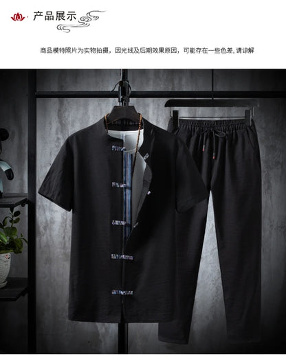 Shirts + Pants summer 100% Cotton linen shorts sleeve Men's Casual Sets Male Fashion trousers and shirts men full size M-5XL