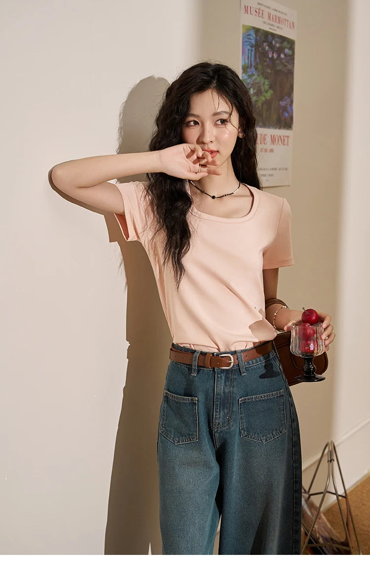 Women's Square-Neck T-Shirt – Elegant Cotton Short-Sleeve Top