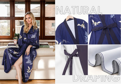 Daiwor Kout Silk Satin Robe for Women Long Japanese Kimono Robe Lightweight Soft Bathrobe Summer Luxury Dressing Gown