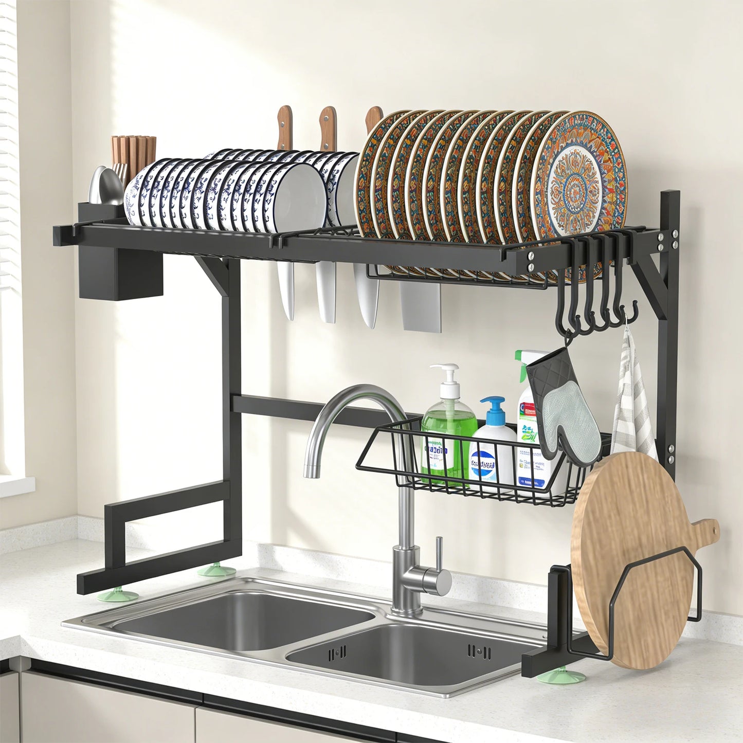 Dish Rack Above Sink - Two Tier Kitchen Draining Rack with Utensil Holder, Large Capacity