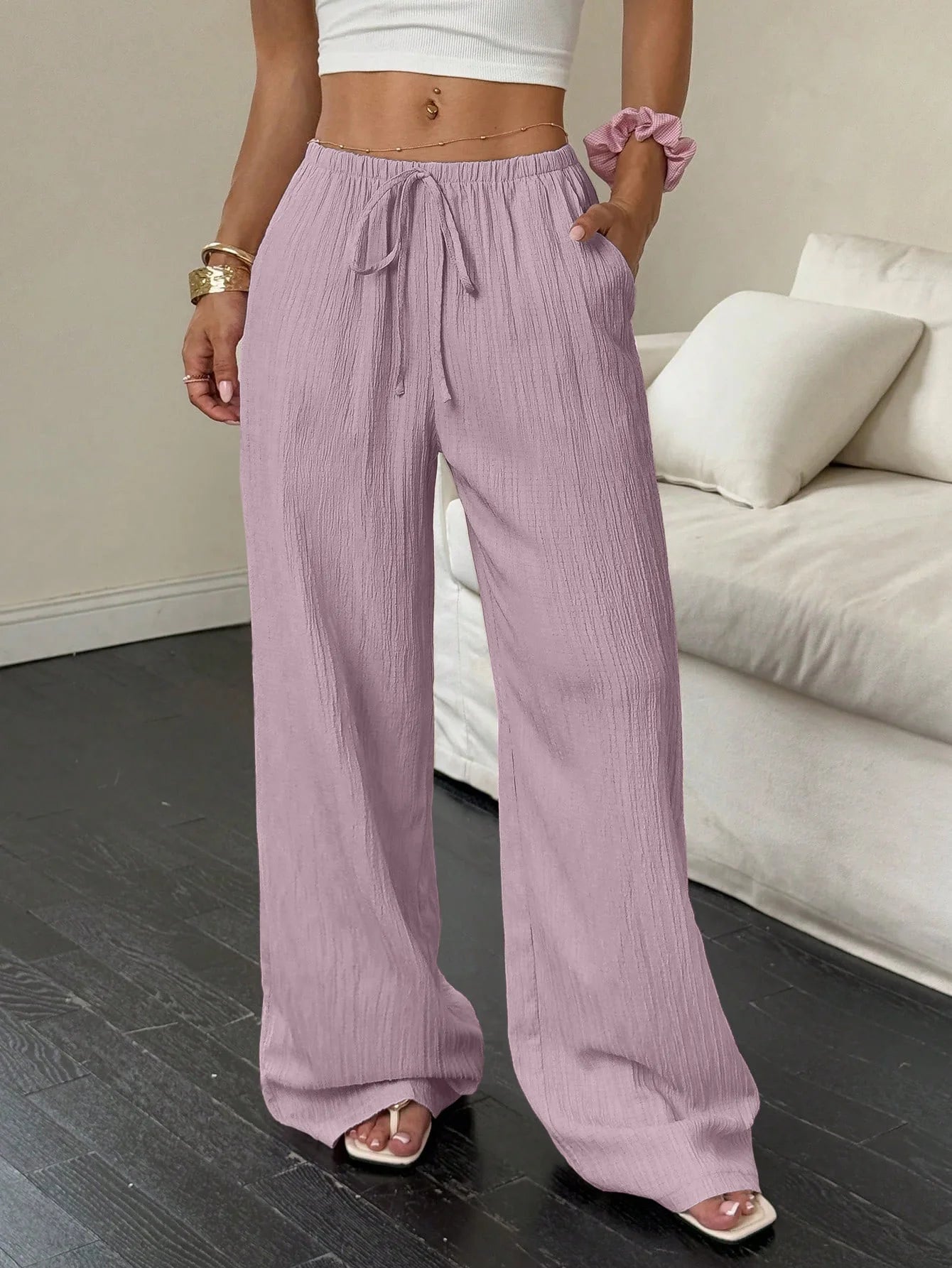 Women's Wide-Leg Cotton-Linen Blend Casual Floor-Length Pants Relaxed-Fit Drawstring Trousers for Home & Strolls