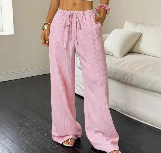 Women's Elegant Multi-Functional Stretch Waist Comfortable Casual Pants, Slightly Stretchy Simple Solid Textured Fabric High-Waist Wide-Leg Pants with Drawstring Waist and Slanted Pockets