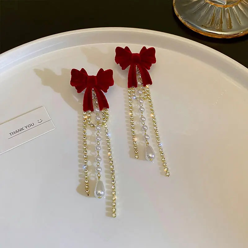 New Wine Red Velvet Rose Pearl Earrings for Women Vintage Red Rose Elegant High-end Studs Earrings Jewelry Accessories Gifts