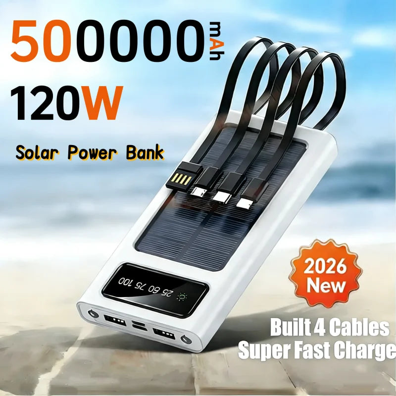 500000mAh 4in1 Solar Power Bank High Capacity 120W Fast Charging USB TypeC LED Light Outdoor Battery For iPhone Samsung 2026 NEW