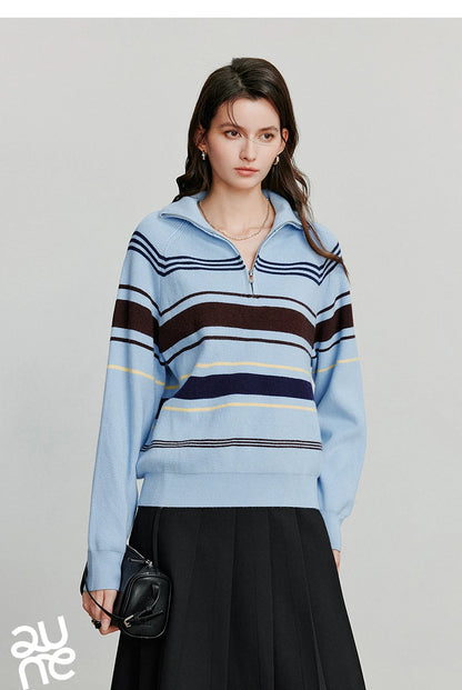 TOYOUTH Women Knitted Sweater 2026 Autumn New Fashionable Style Striped Zipper High Collar Woolen Pullover Sweater Tops
