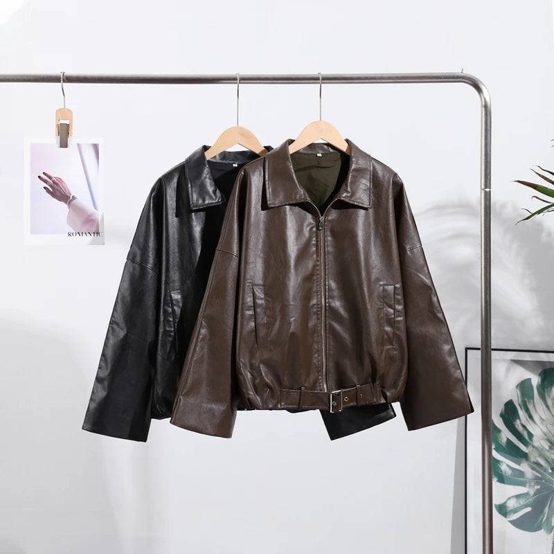 Vintage Leather Bomber Jacket – Women's PU Leather Zip Jacket With Belt & Patchwork Design