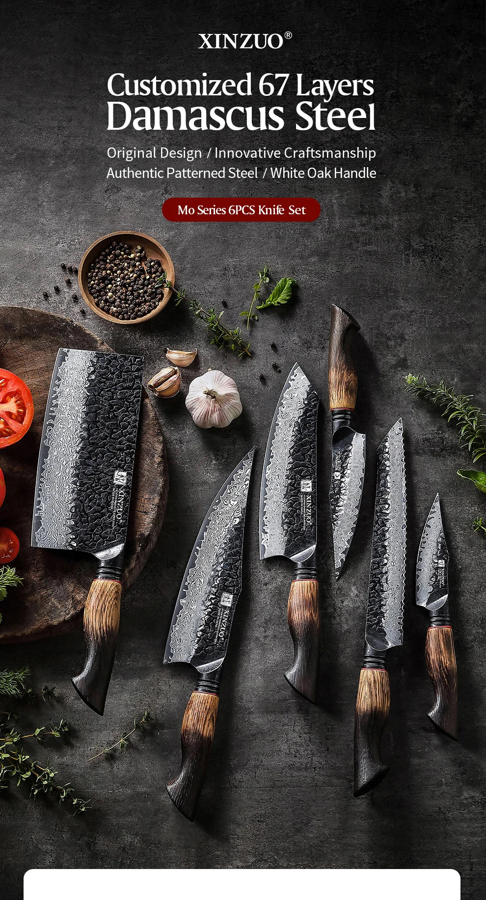 Damascus Knife Set - 67-Layer Steel with White Oak  Red G10 Handles 1-6 Pieces