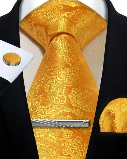 Mens Silk Tie Set - Silver Paisley Necktie with Pocket Square  Cufflinks for Formal Events