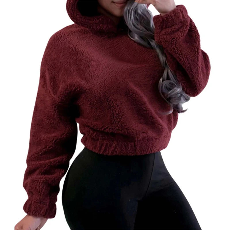 Winter Korean Fashion Bear Ears Cute Loose Hoodie Fluffy Hooded Warm Sweatshirt Long Sleeve Top Solid Pullover Clothes For Women
