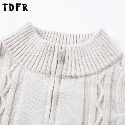 Solid Color Jacquard Sweater Mens Autumn Winter Casual Loose Half Zipper Long Sleeve Sweater Man