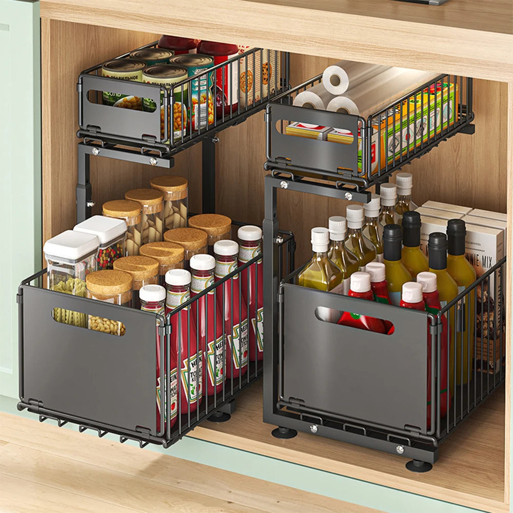 Adjustable 2-Tier Pull-Out Cabinet Organizer - Under Sink Storage Rack for Spice Jars - ZOOMNSTORE