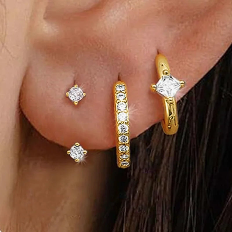 Square Zirconia Hoop Earrings Set – 3 Pairs, Stainless Steel