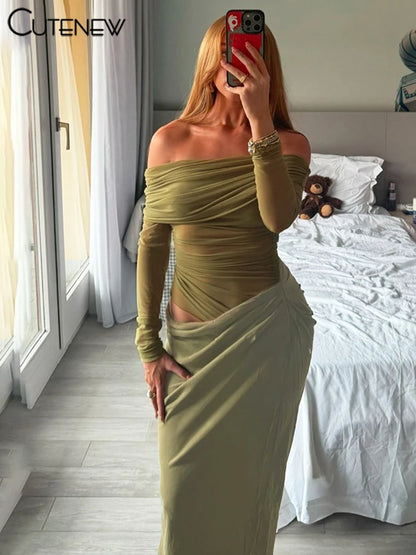 Mesh Ruched Maxi Dress - Sexy Sheath Off Shoulder Ankle Length Party Dress